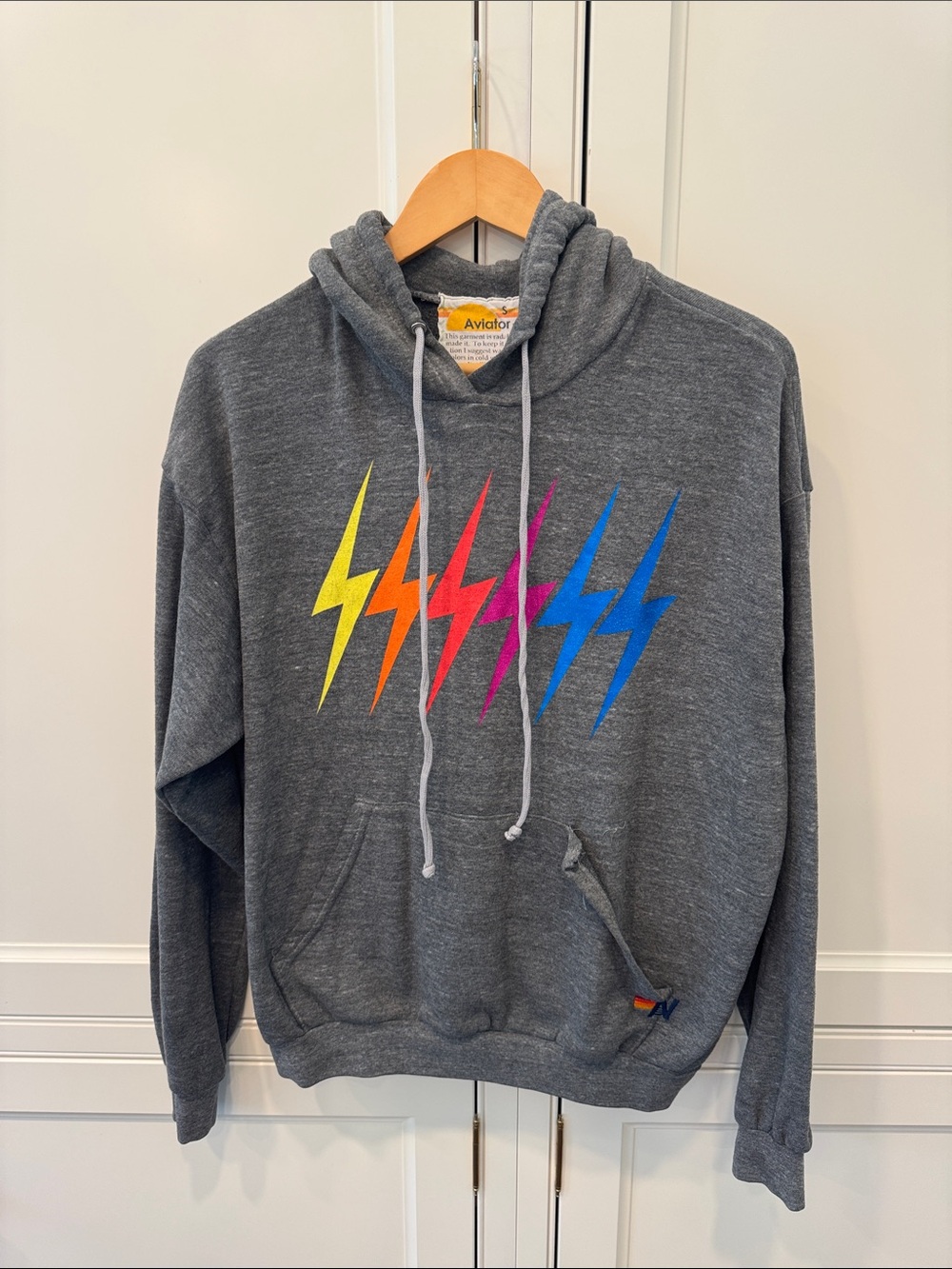 Aviator Nation Gray Hoodie with Rainbow Lightning Bolts